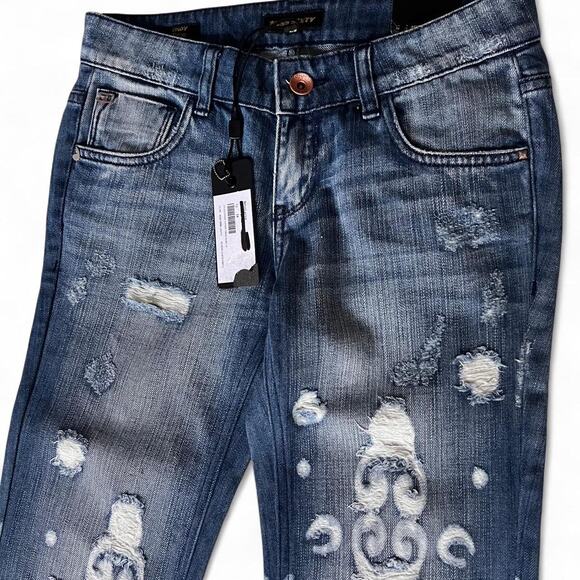 Miss Sixty Flare Jeans Y2K Low Rise Floral Bleached 2000s Deadstock NWT Size 24 - Picture 5 of 8